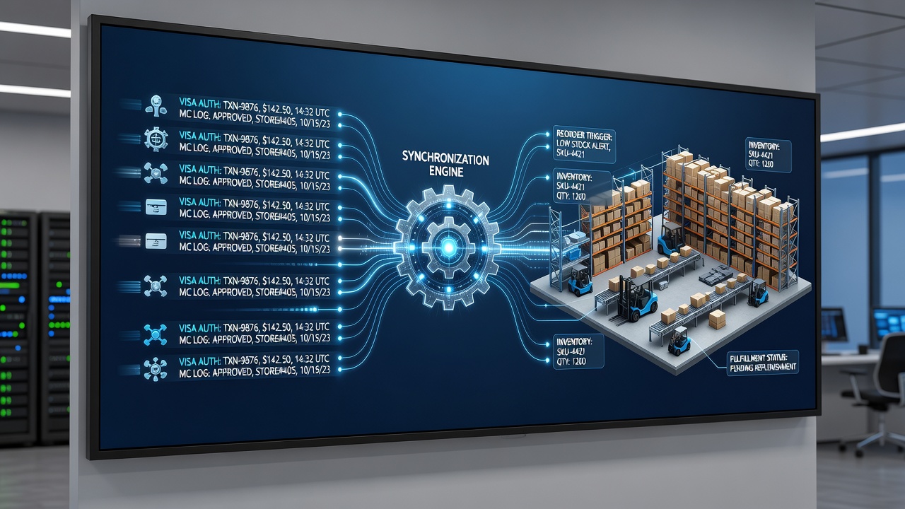 Retail supply network diagram showing card authorization data flowing into warehouse inventory systems