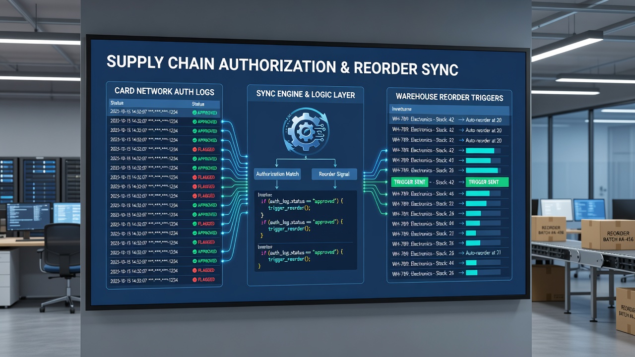 Warehouse operations integrating payment authorization triggers with automated reorder systems