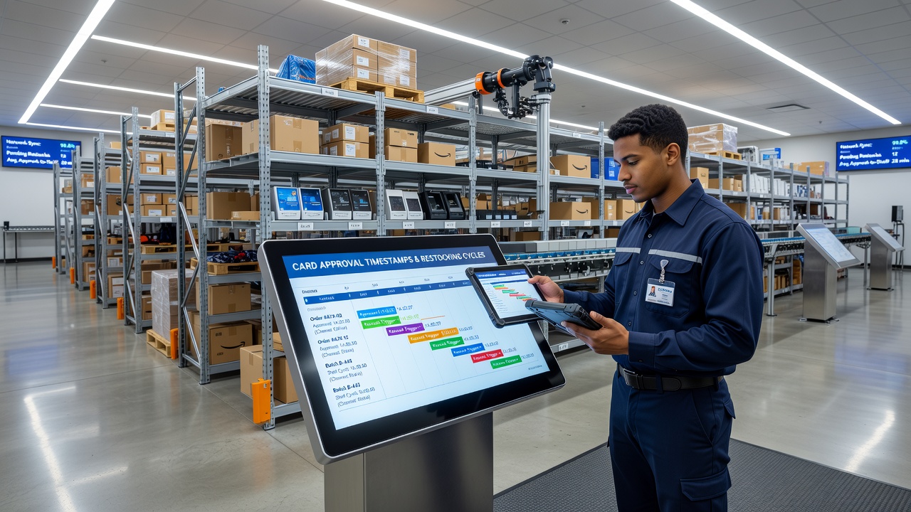 Dashboard view showing synchronized card approval timestamps influencing automated shelf restocking schedules in a retail network