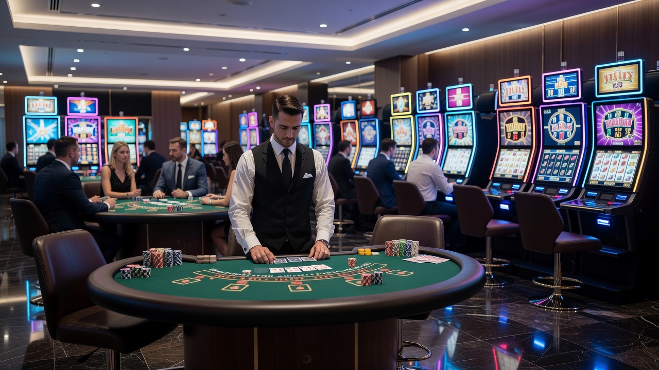 Close-up view of roulette wheel and chips on a gaming table