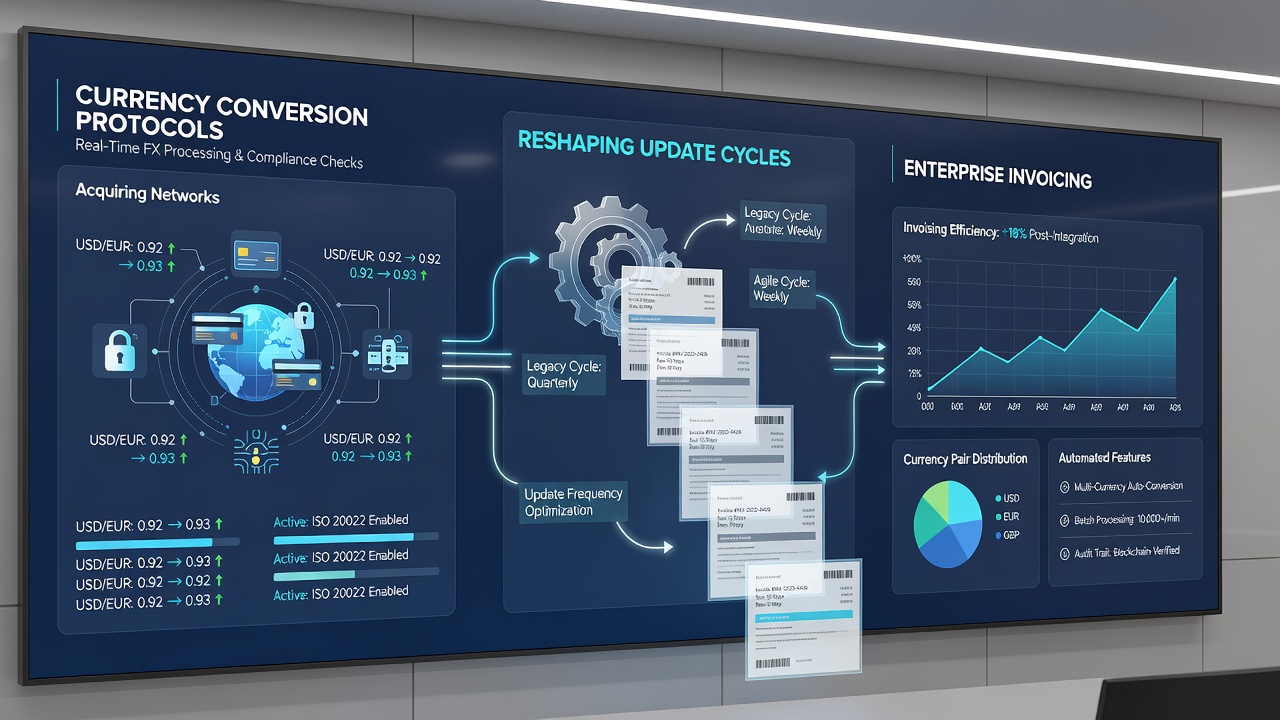 Screenshot of enterprise invoicing dashboard displaying live currency conversion updates for international merchants
