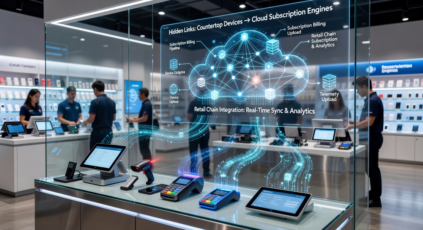 Cloud dashboard displaying synchronized subscription data from multiple retail countertop devices