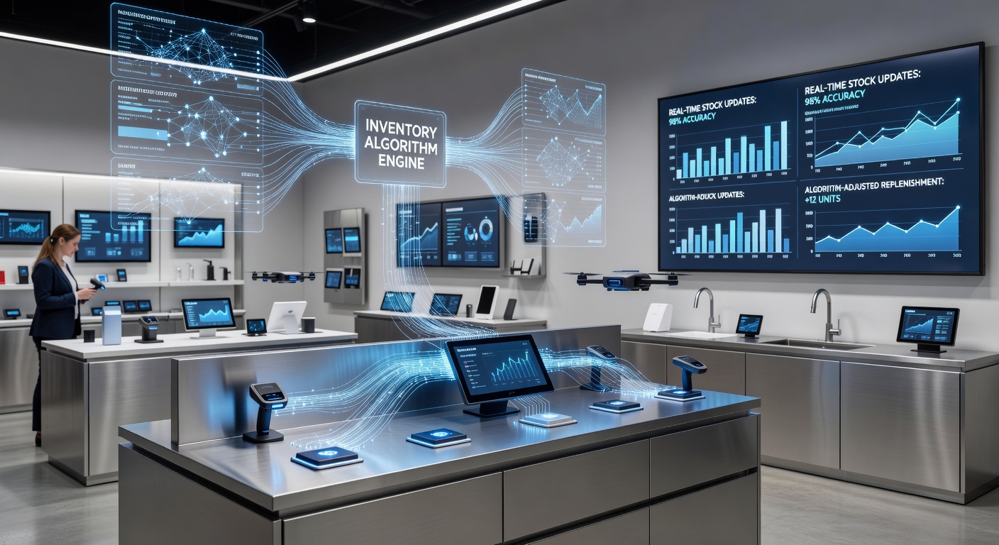 Data streams from countertop devices flowing into unified inventory algorithms across physical and digital retail channels