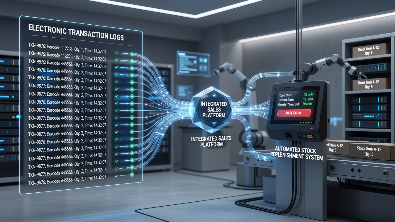 Automated stock replenishment workflow connecting transaction data streams to warehouse robotics