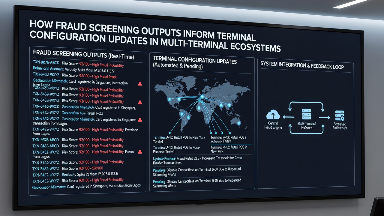 Retail operations team reviewing terminal configuration dashboards linked to fraud data