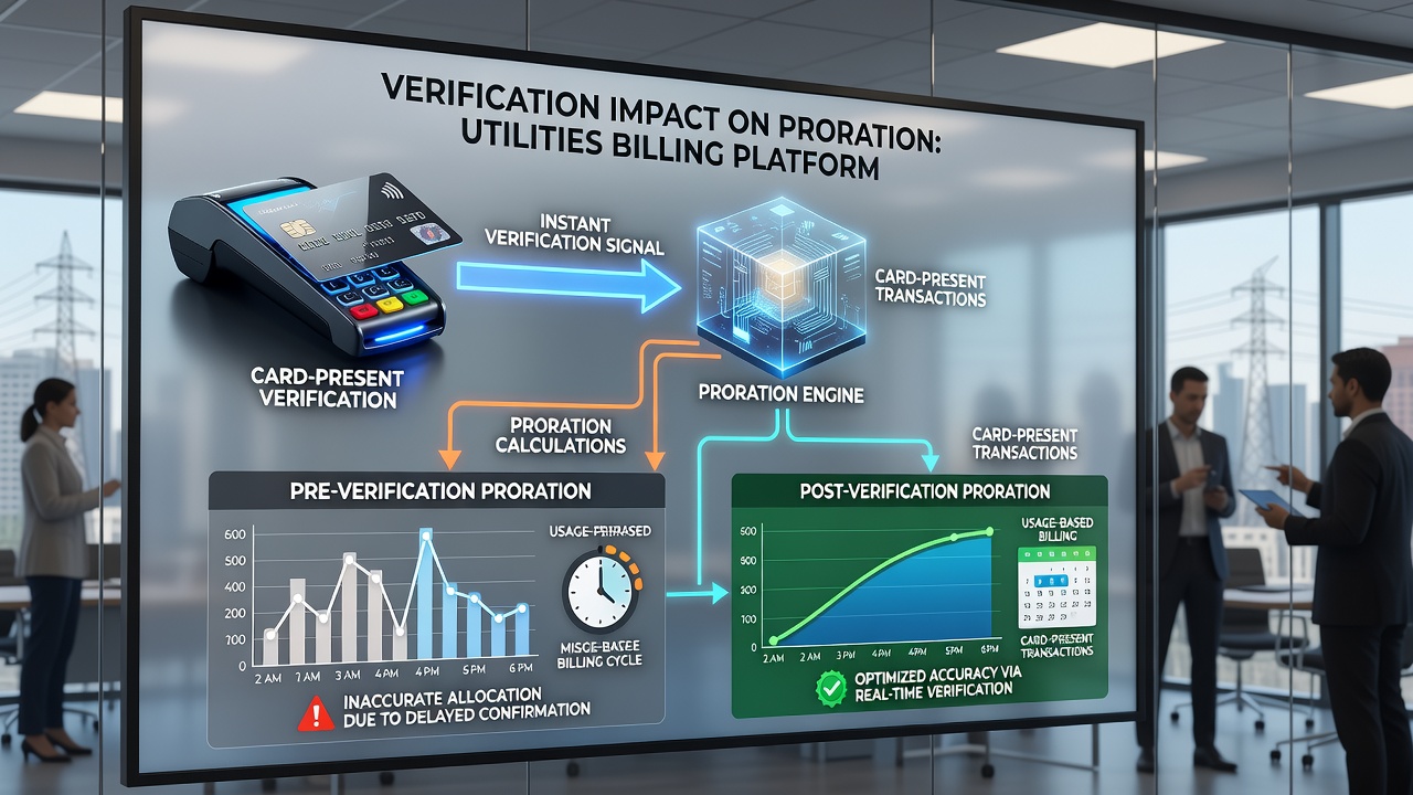Utility billing terminal processing a card-present payment with verification hold indicators displayed on screen