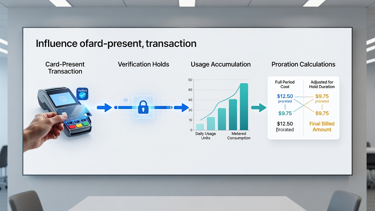 Flow diagram showing card authorization hold timeline intersecting with utility meter reading and proration schedule