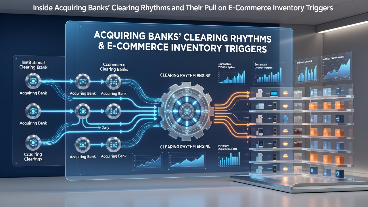 Diagram showing acquiring bank batch processing cycles connected to e-commerce inventory systems