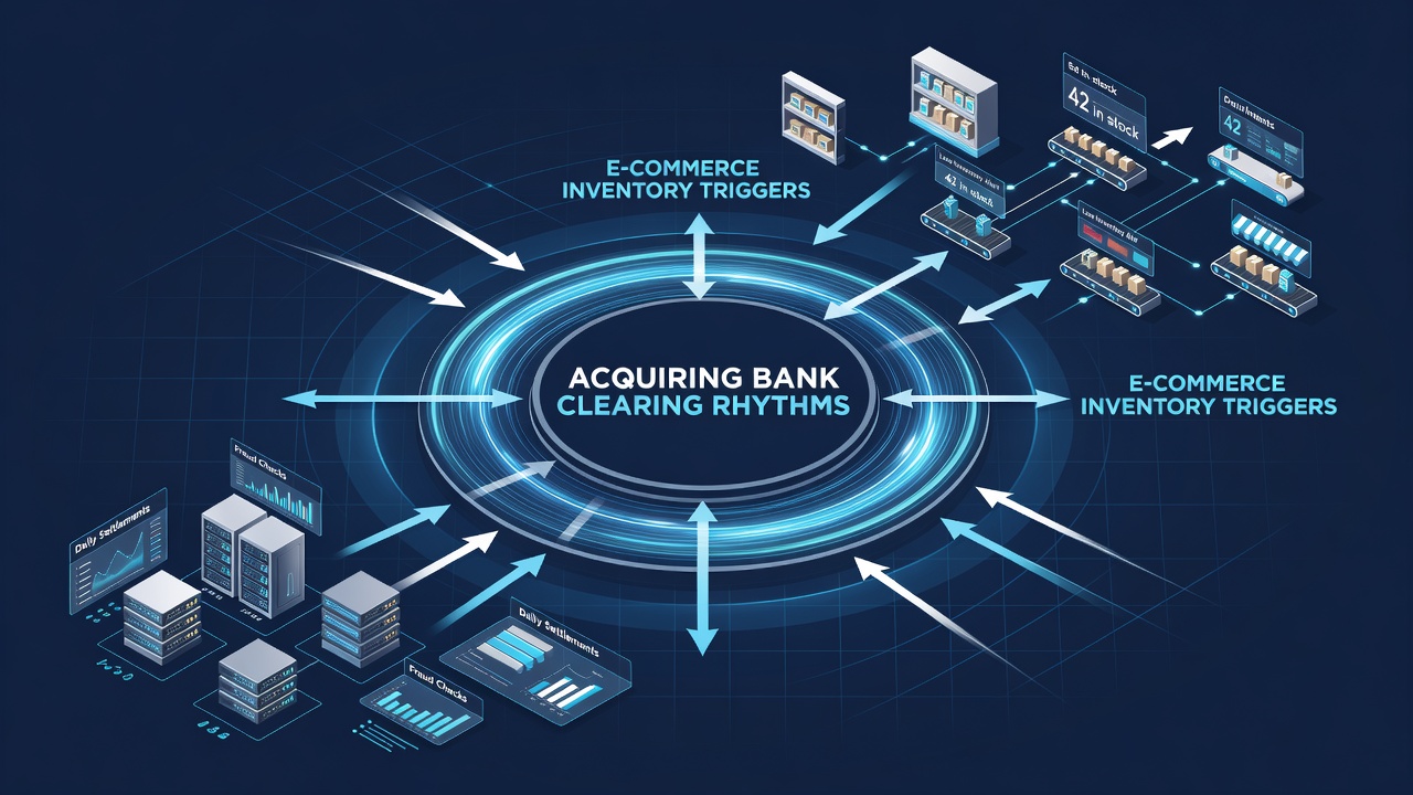 Flowchart illustrating settlement confirmation feeding into warehouse reorder algorithms