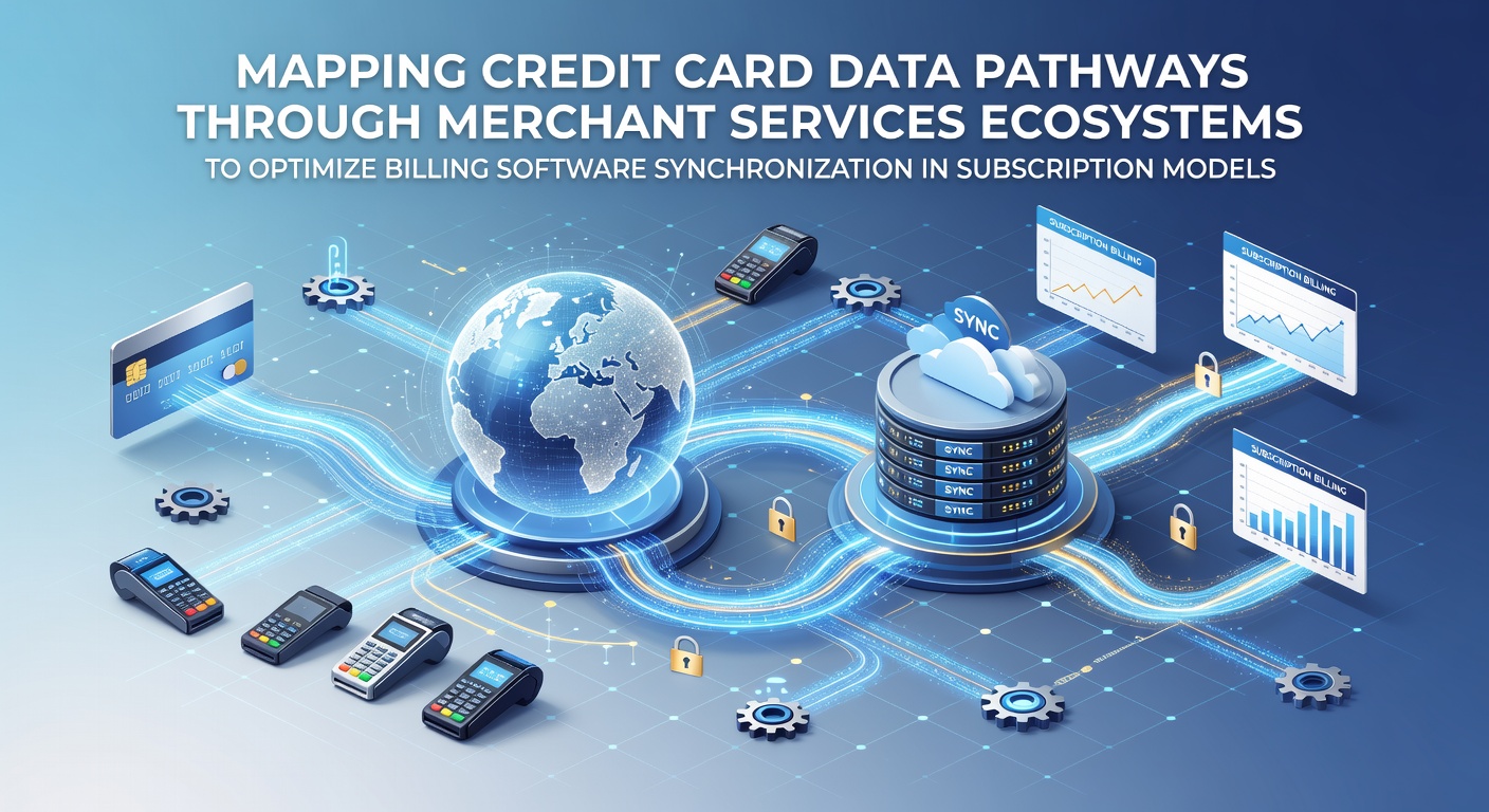 Diagram showing credit card data pathways flowing from customers through merchant acquirers, payment processors, card networks, and issuers in subscription ecosystems