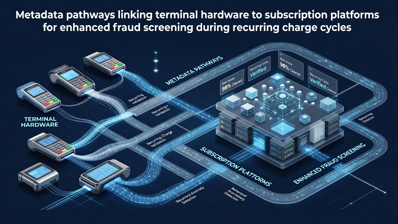 Diagram showing metadata flow from physical payment terminals through secure pathways to subscription management platforms for fraud detection