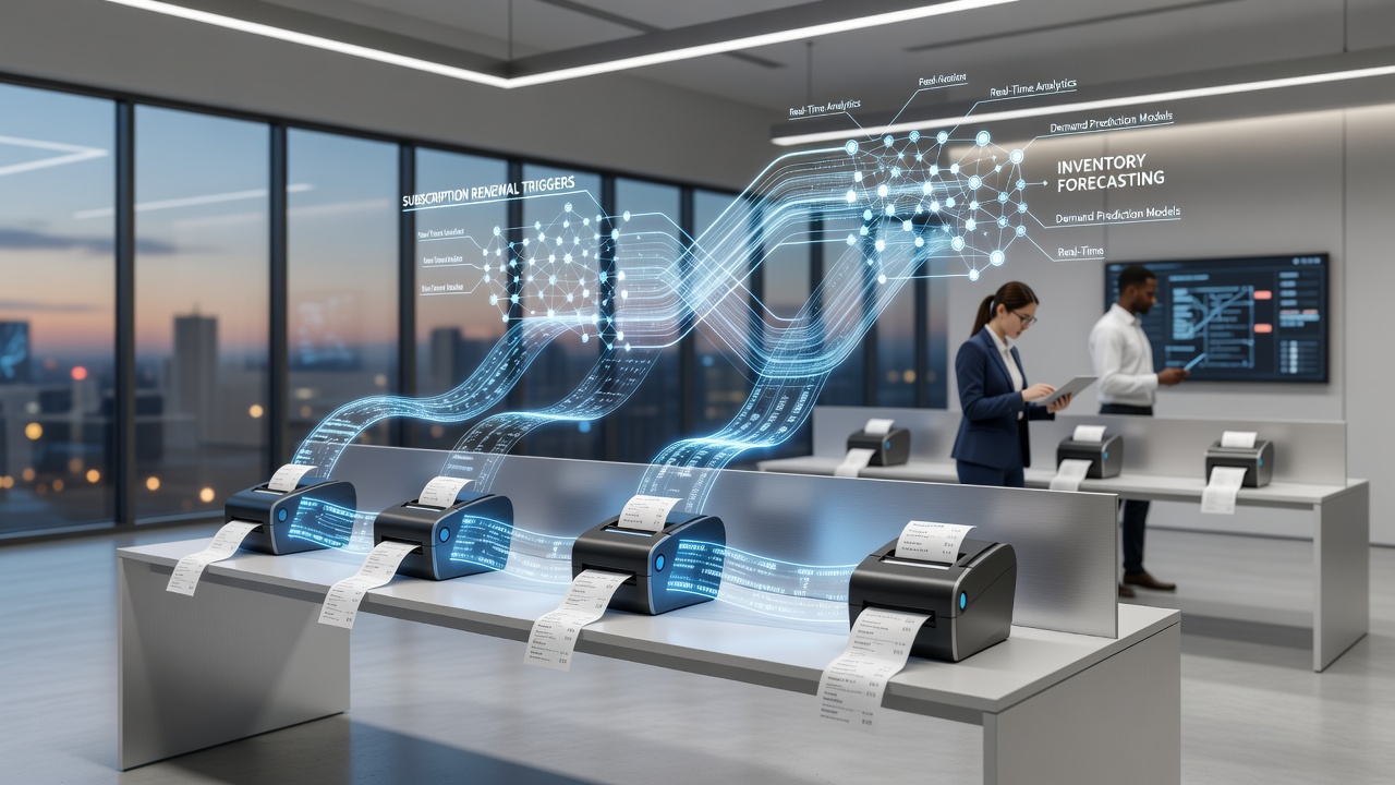 Retail receipt printer outputting transaction data that feeds into subscription renewal systems and inventory forecasting models