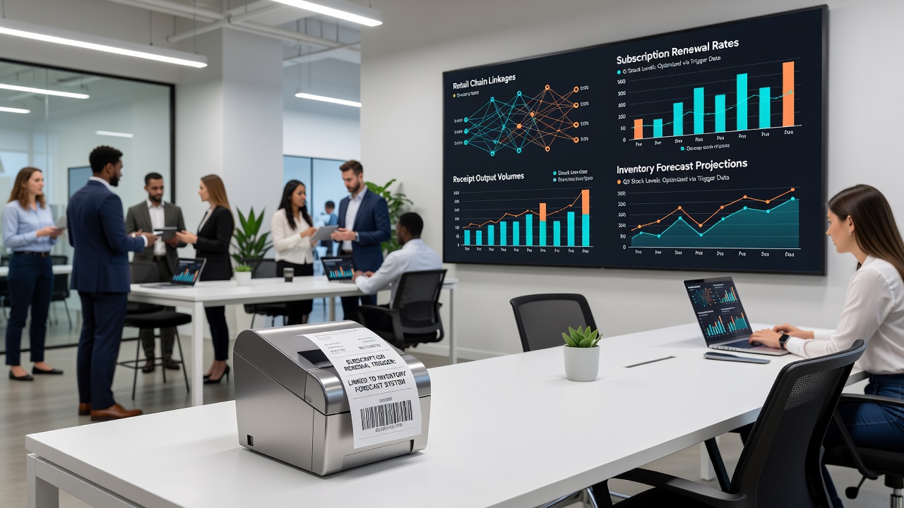 Inventory forecasting dashboard displaying data flows from receipt printers to subscription renewal indicators in a retail chain network