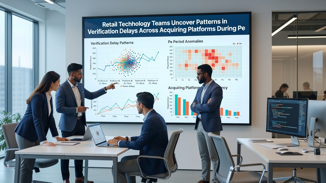 Data visualization of verification delay patterns across acquiring platforms in peak retail periods