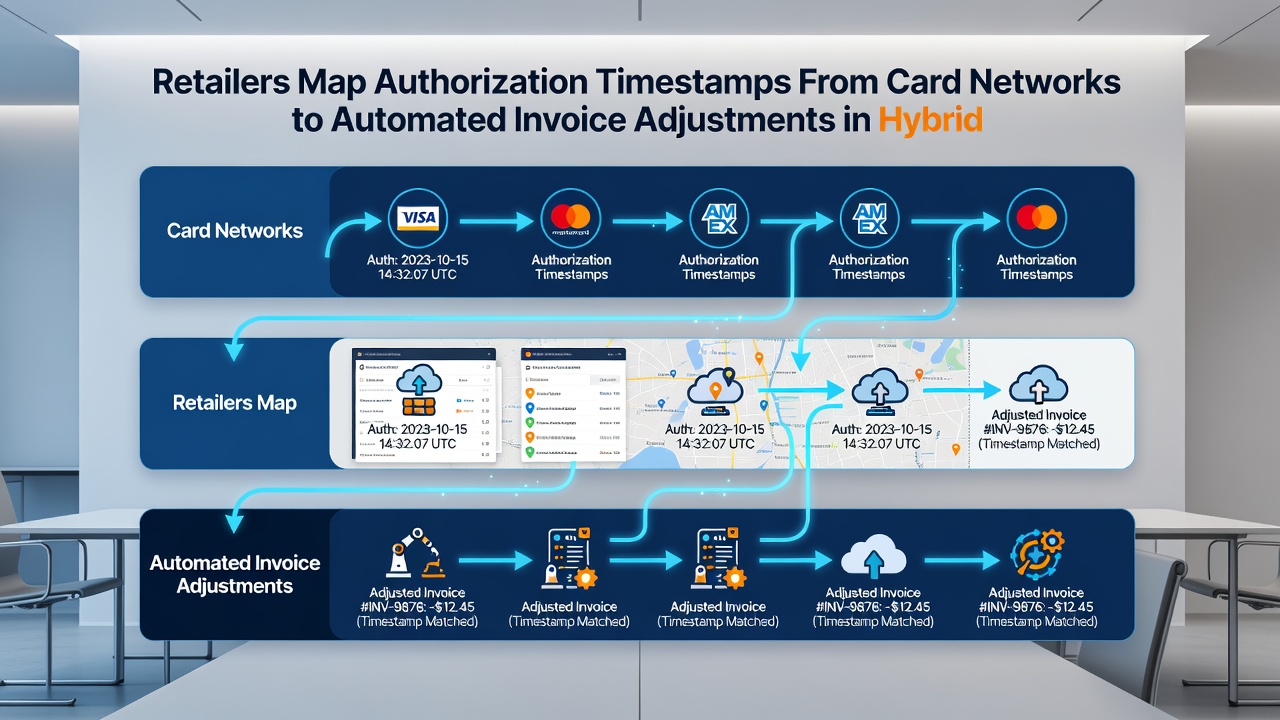 Data mapping process showing how card network timestamps feed into automated invoice systems for hybrid retail operations