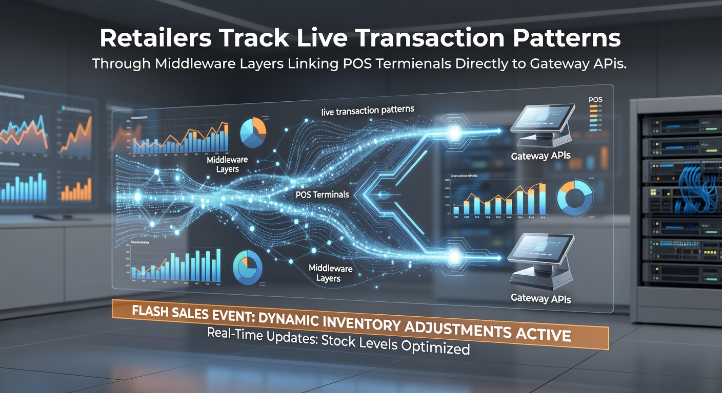 POS terminals connected via middleware layers to payment gateway APIs during a busy flash sale event in a retail store
