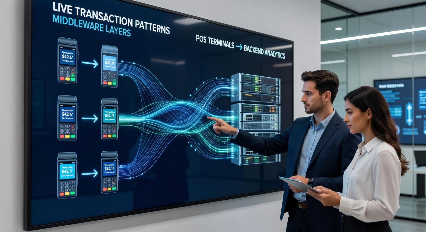 Dynamic inventory dashboard displaying real-time adjustments from POS transactions routed through middleware to gateway APIs