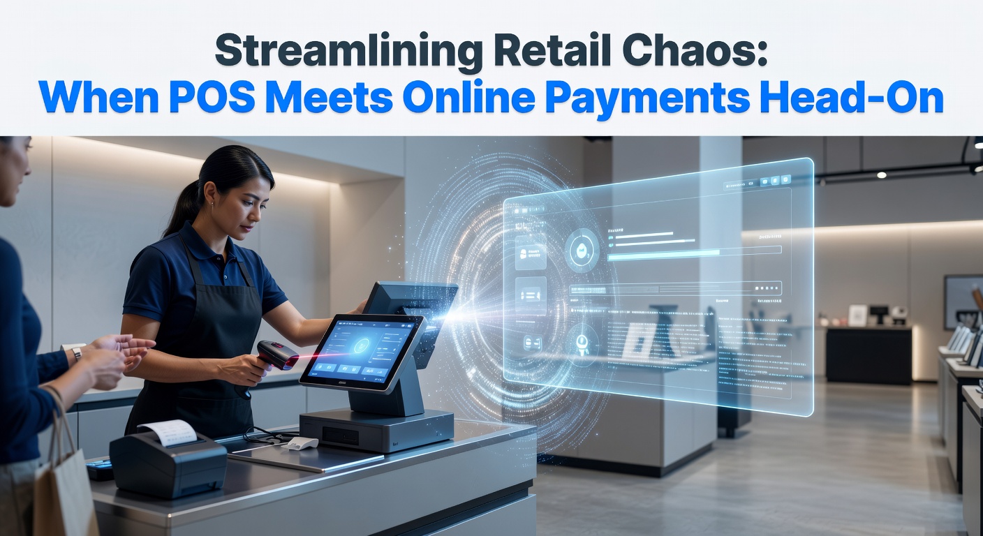 Busy retail checkout counter with digital POS terminal integrating online payment options, showing seamless customer flow