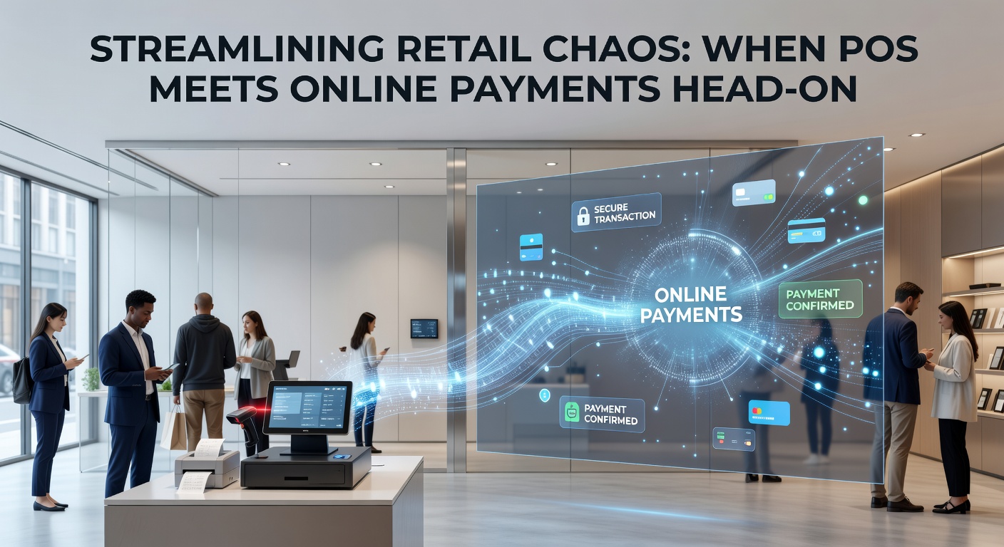 Modern retail store interior featuring integrated POS and online payment screens, with customers using mobile devices at checkout