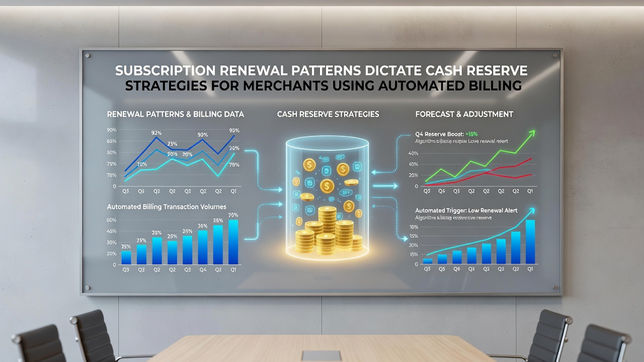 Cash flow charts displaying renewal pattern impacts on merchant reserve planning within automated billing environments