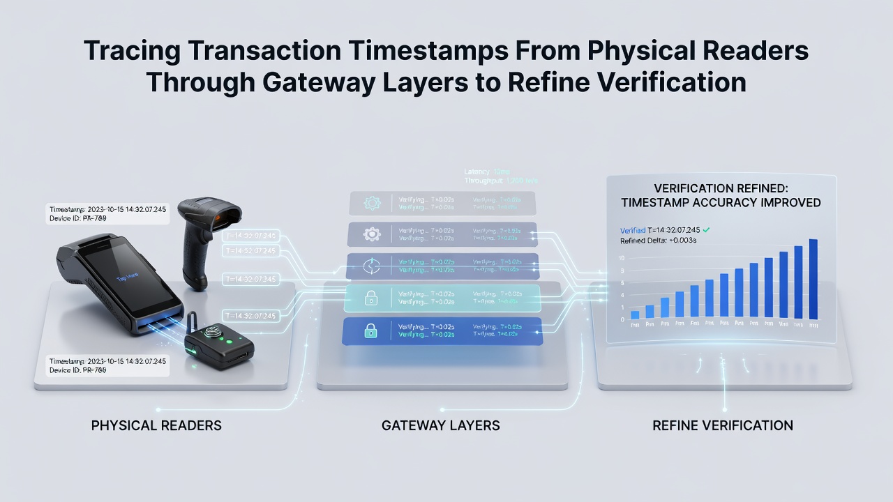 Network diagram of gateway layers processing timestamp data for verification in commerce platforms