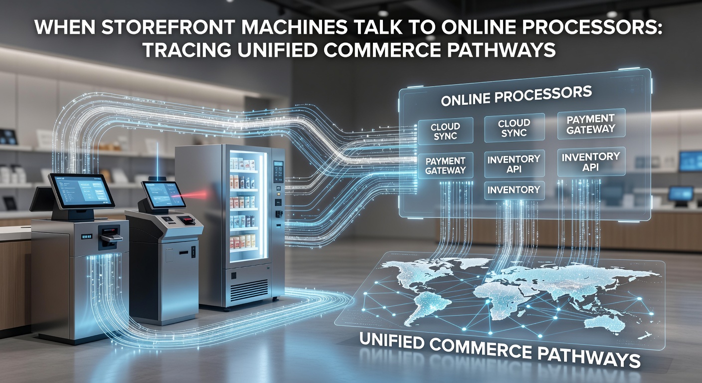 Illustration of data pathways connecting physical storefront terminals with cloud-based online processors in a unified commerce setup